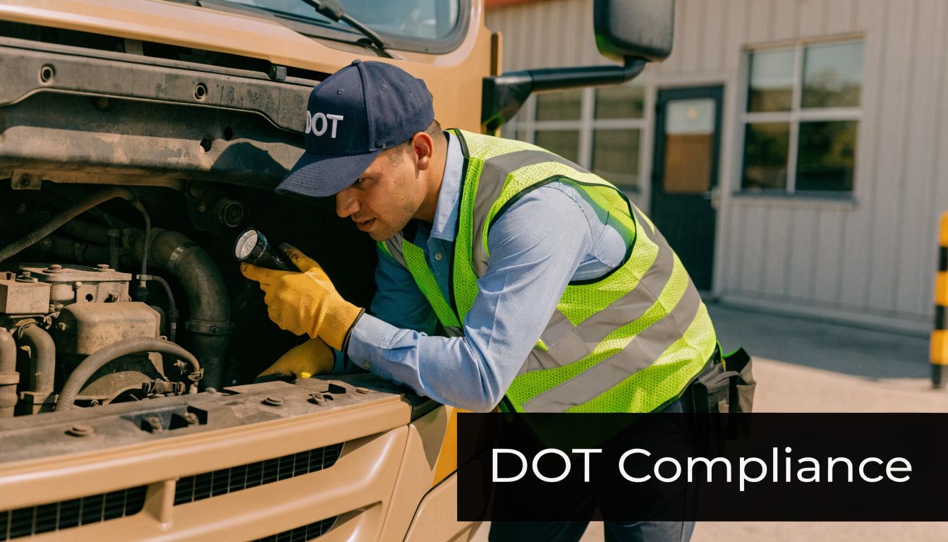 A professional inspector wearing a safety vest and DOT hat examines a commercial vehicle engine.