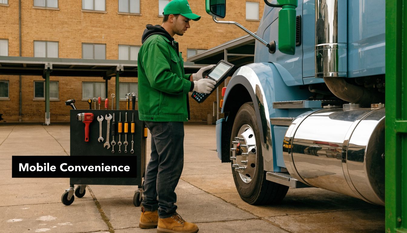 A technician wearing a green jacket inspects a blue truck using a diagnostic tool on a mobile cart.