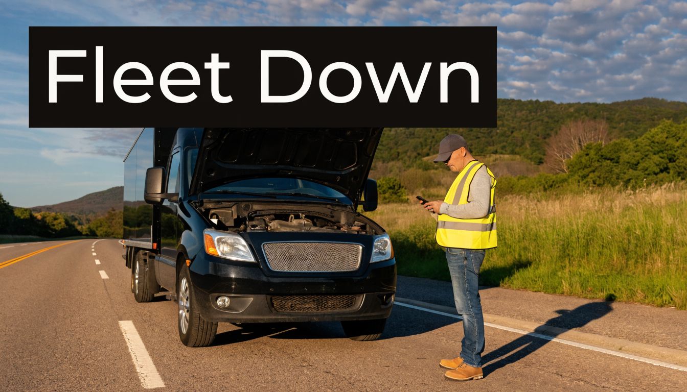 A truck driver in a high-visibility vest standing on the roadside with a broken down truck.