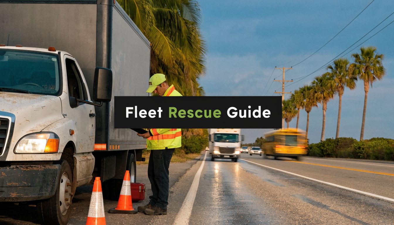 Roadside scene with a man in high-visibility vest examining a tablet beside a large white truck, orange cones nearby, and a prominent 'Fleet Rescue Guide' banner.