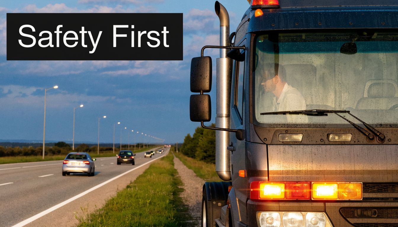 A professional truck driver parked on the roadside during sunset with a clear view of traffic.