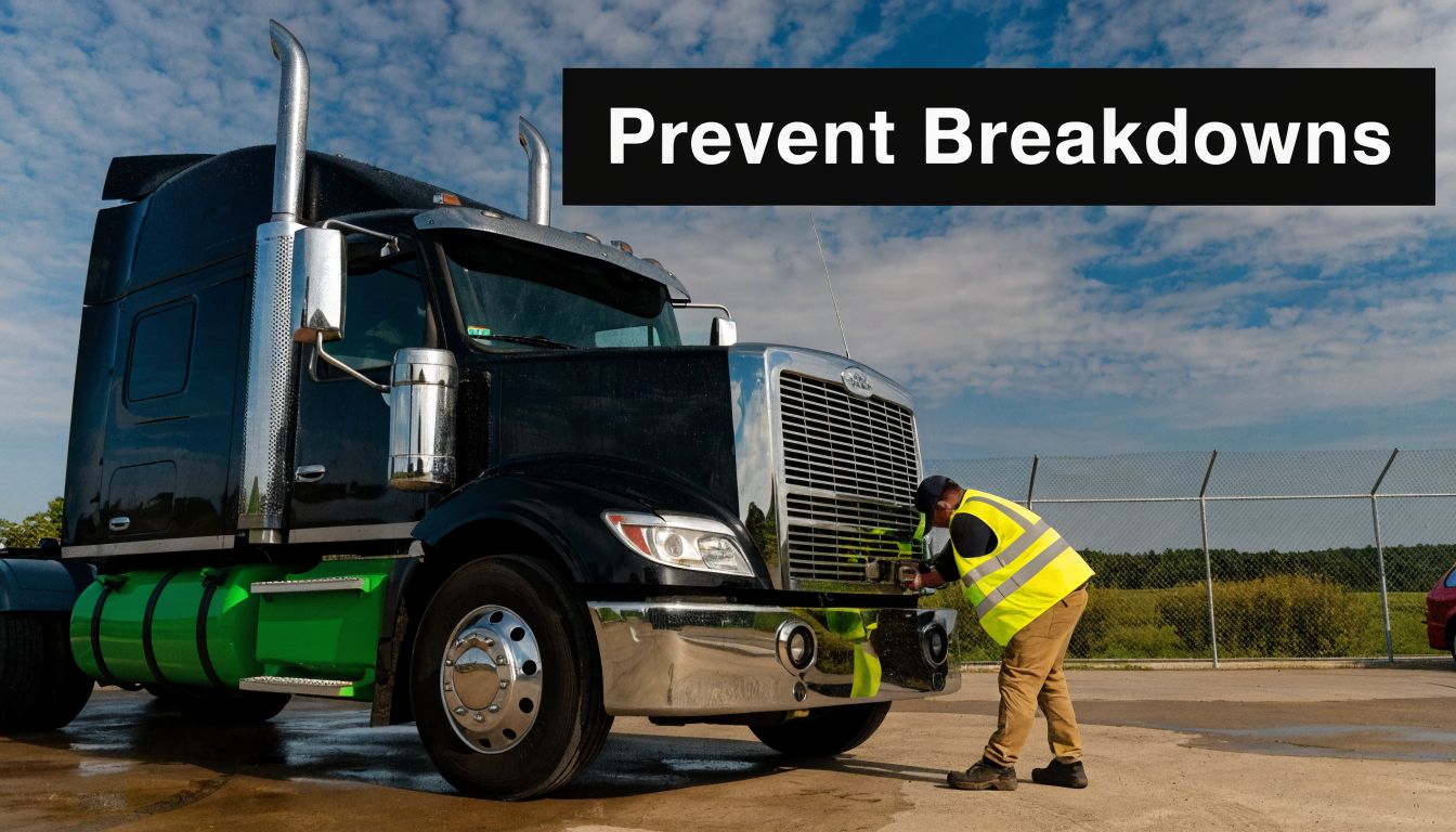 A technician wearing a high-visibility vest performs a maintenance inspection on a black semi truck outdoors.