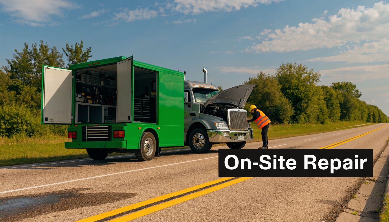 A professional technician wearing a high-visibility vest performs an on-site repair on a semi-truck on a rural highway.