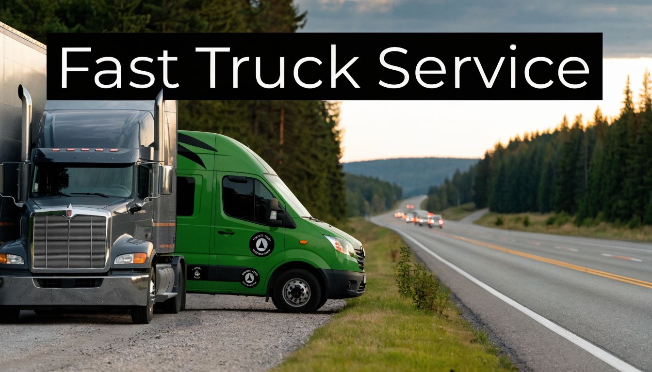 Two trucks parked on the roadside with a green service van beside them under a bold 'Fast Truck Service' banner on a highway verge