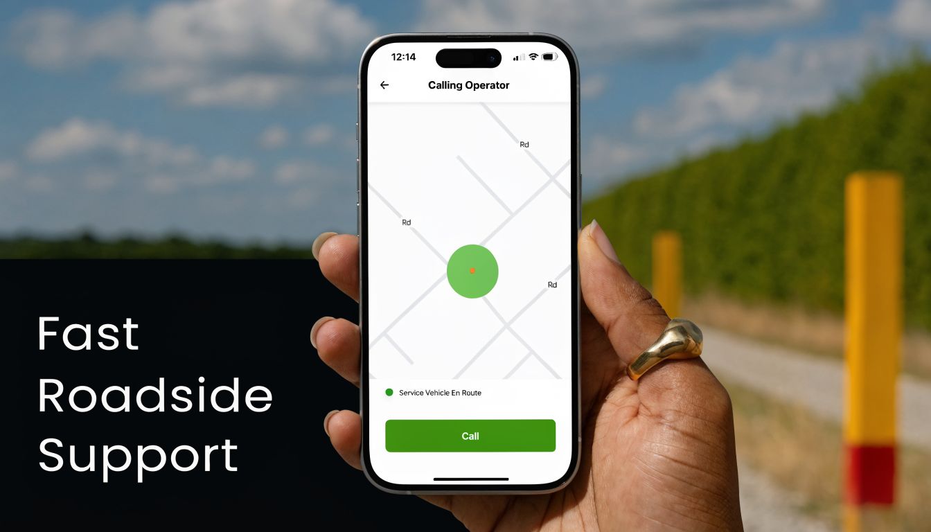 A person holding a smartphone showing a roadside assistance application with a map and call button.