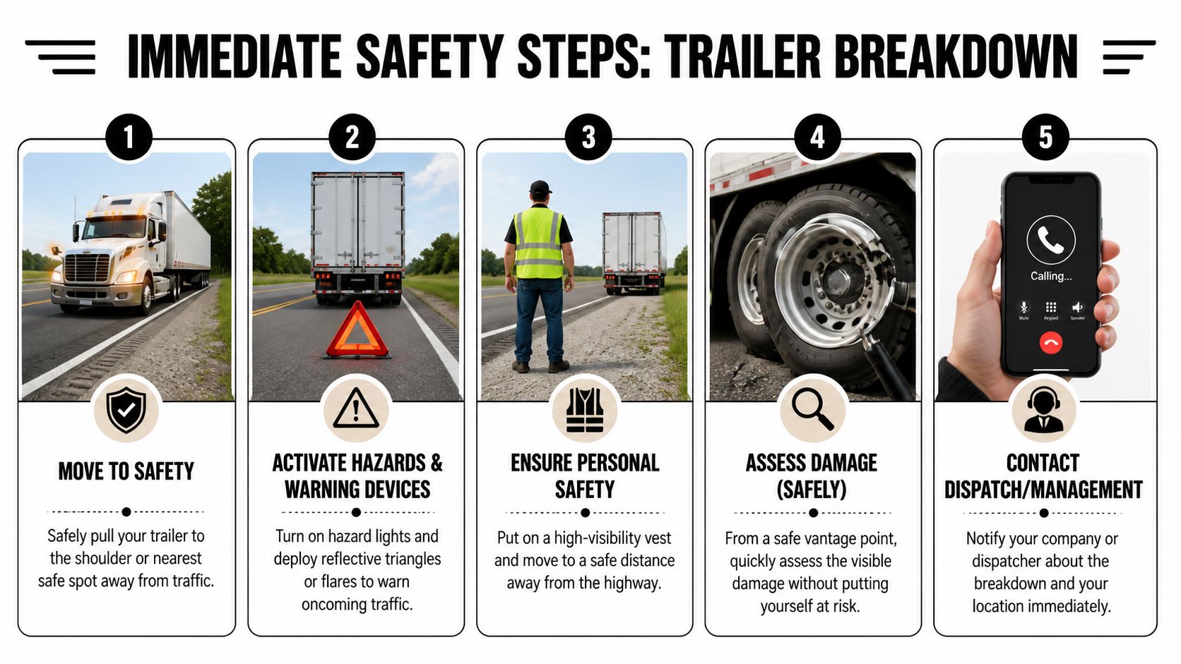 An infographic showing five essential safety steps for truck drivers to follow during a trailer breakdown.