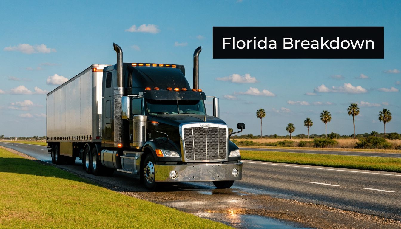 A black semi-truck parked on the side of a Florida highway for a potential breakdown service.