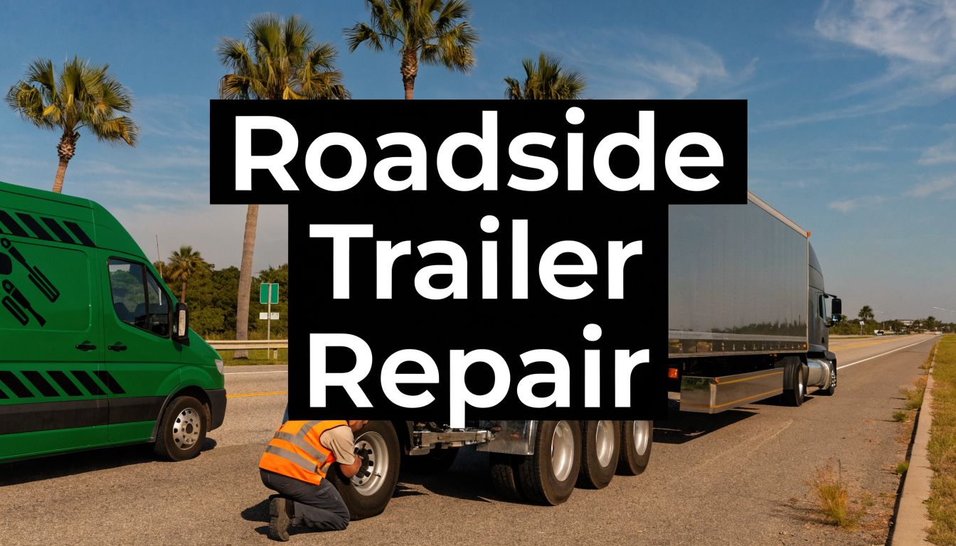 roadside-trailer-repair-near-me-trailer-repair Roadside repair scene: a worker in an orange vest fixes a semi-trailer on a highway shoulder next to a green van, with palm trees in the background.