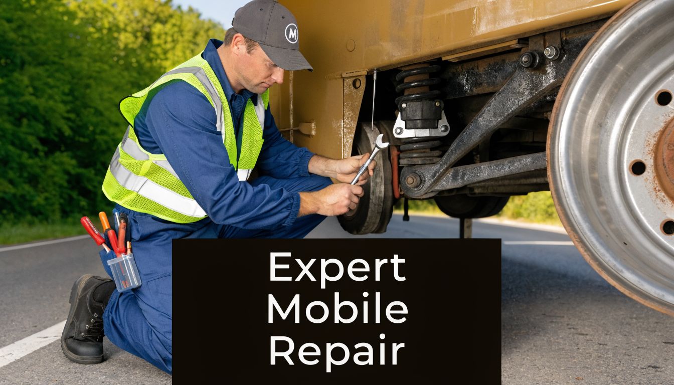 A professional mobile mechanic in safety gear repairing a truck suspension system on the side of a road.
