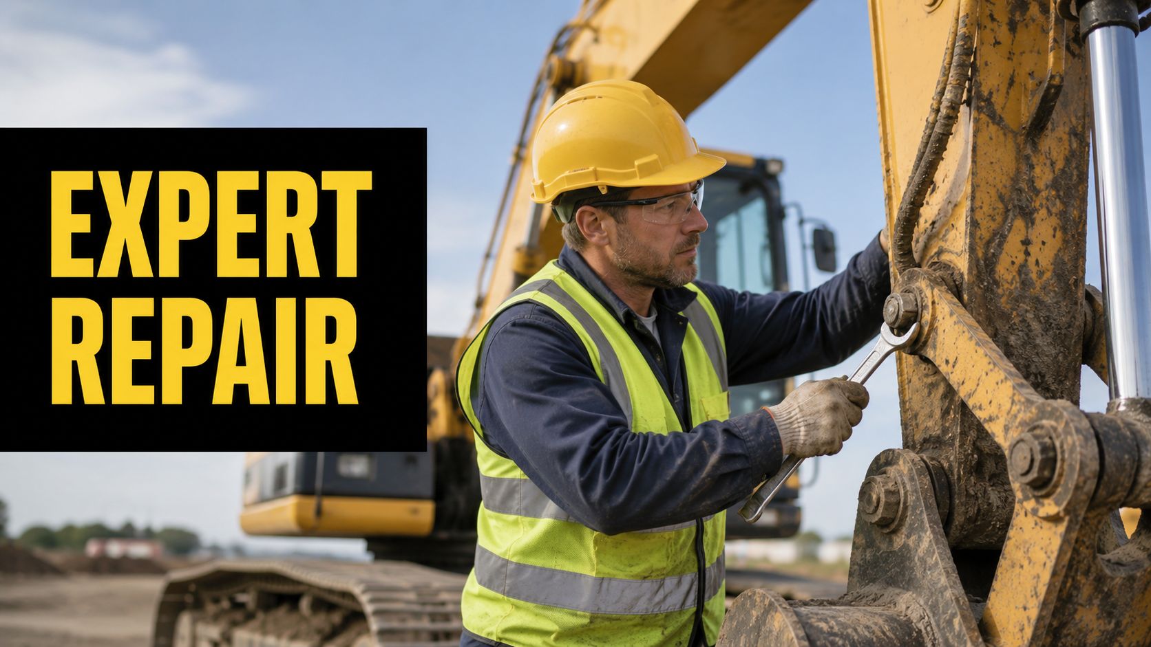 Construction worker in a yellow hard hat and high-visibility vest repairs a muddy excavator; bold 'EXPERT REPAIR' text on the left.