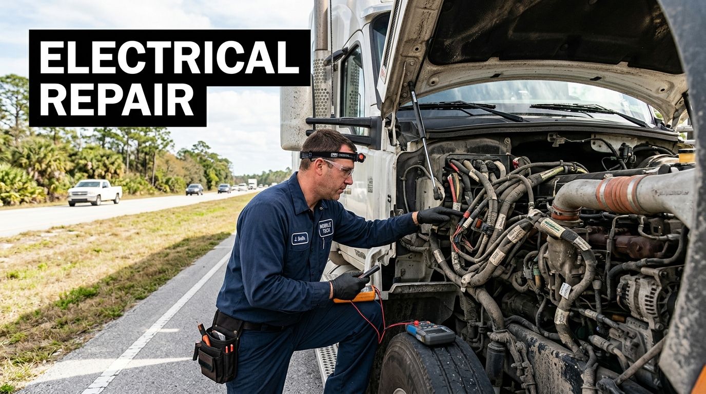 Technician in blue uniform servicing a truck engine on a roadside, with a bold "Electrical Repair" sign in the corner.