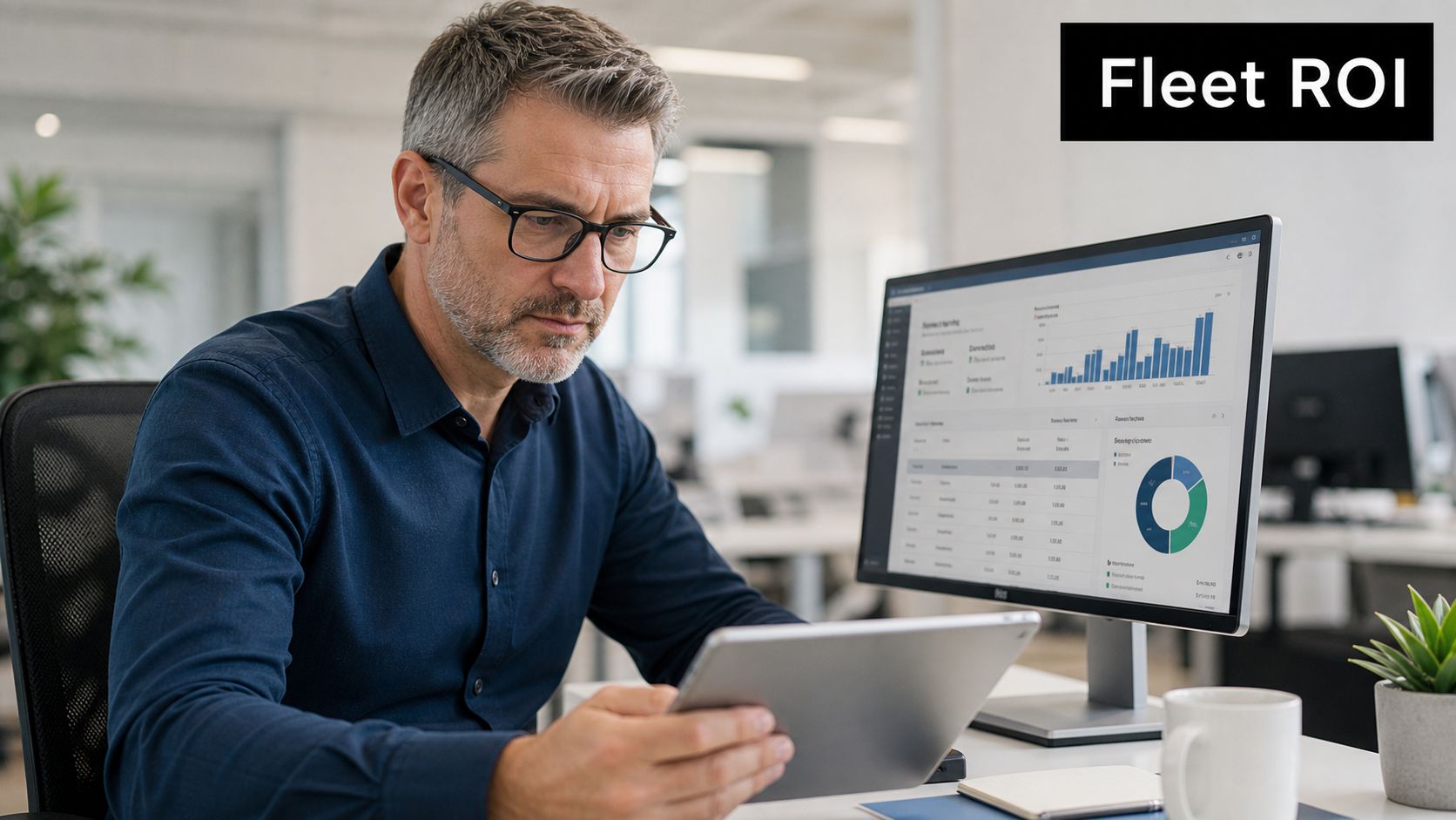 A professional man with glasses sitting at his desk analyzing fleet analytics data on a digital tablet.
