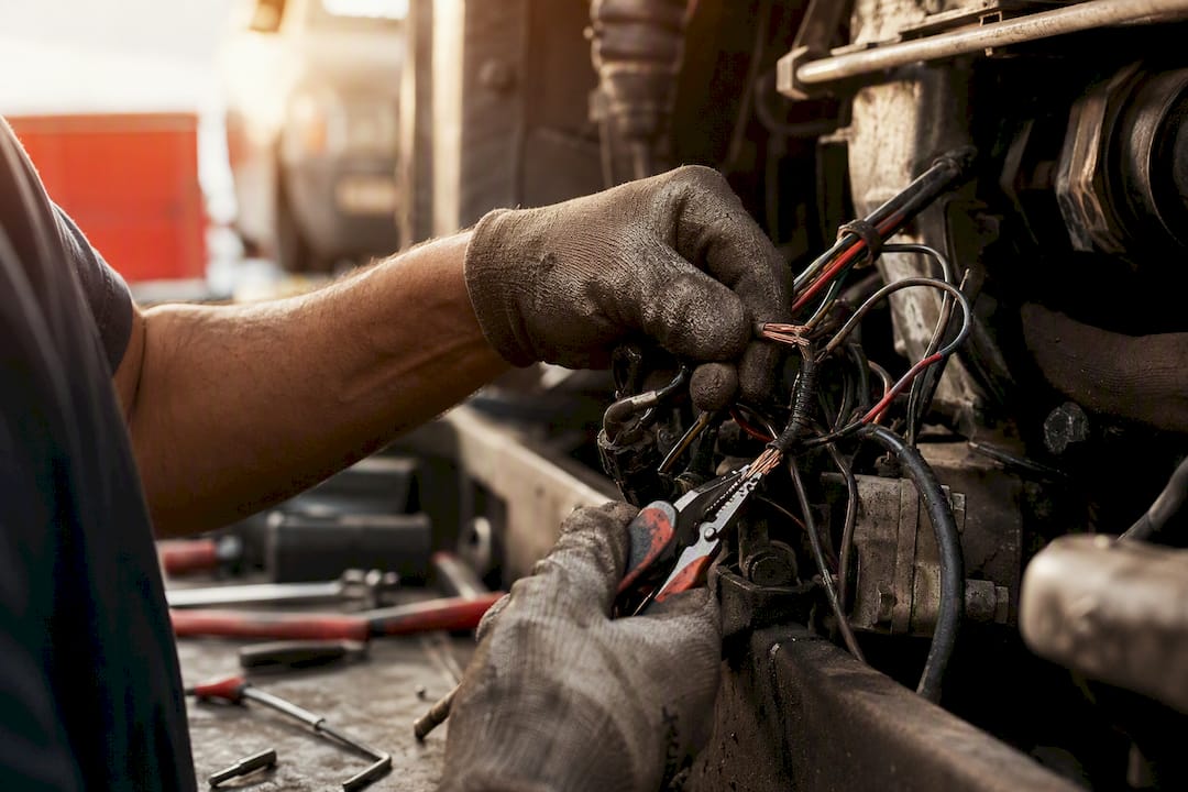 Technician repairing alternator wiring close-up