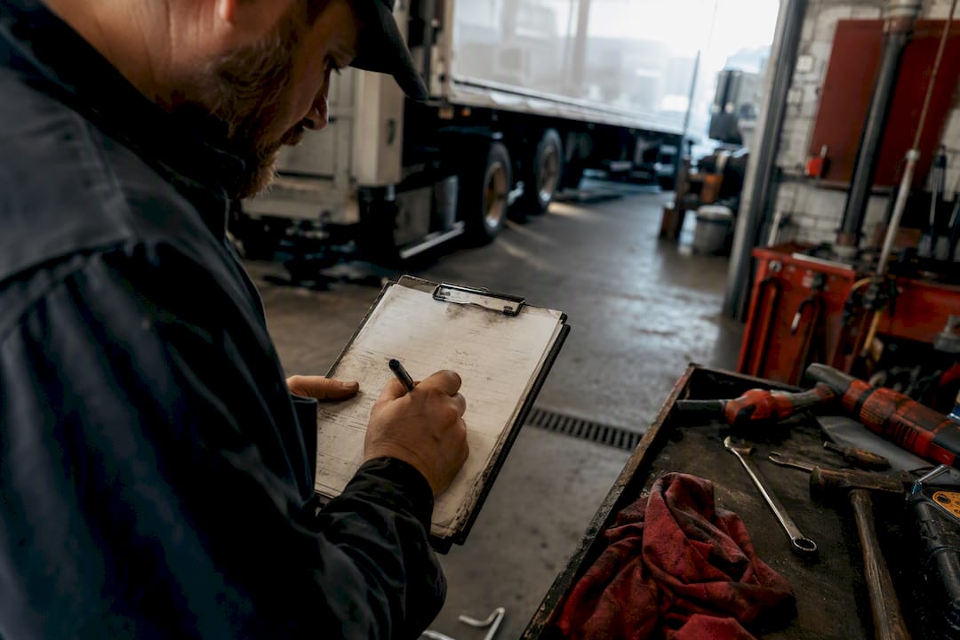 Hands marking vehicle inspection checklist